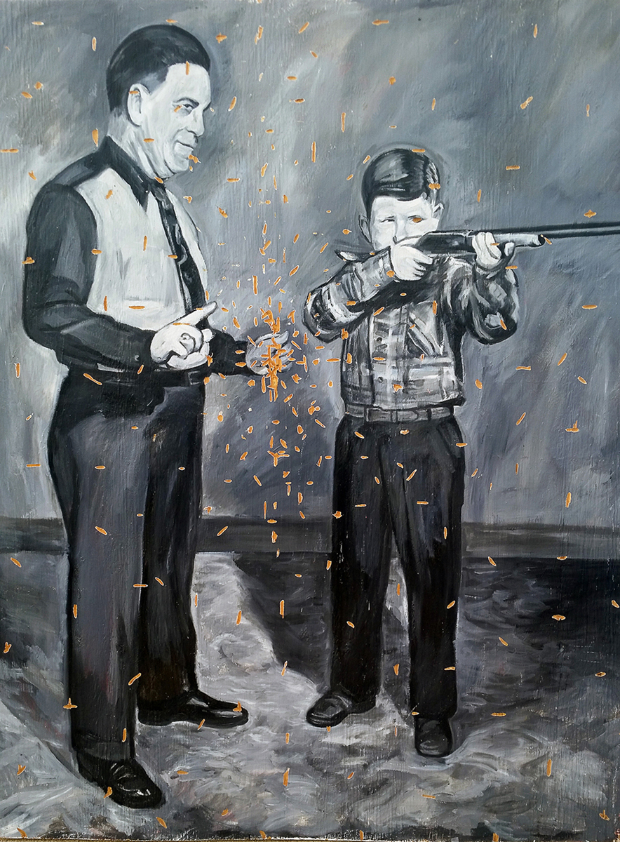 Sherman Finch, painting on plywood, gunsin art, boyhood