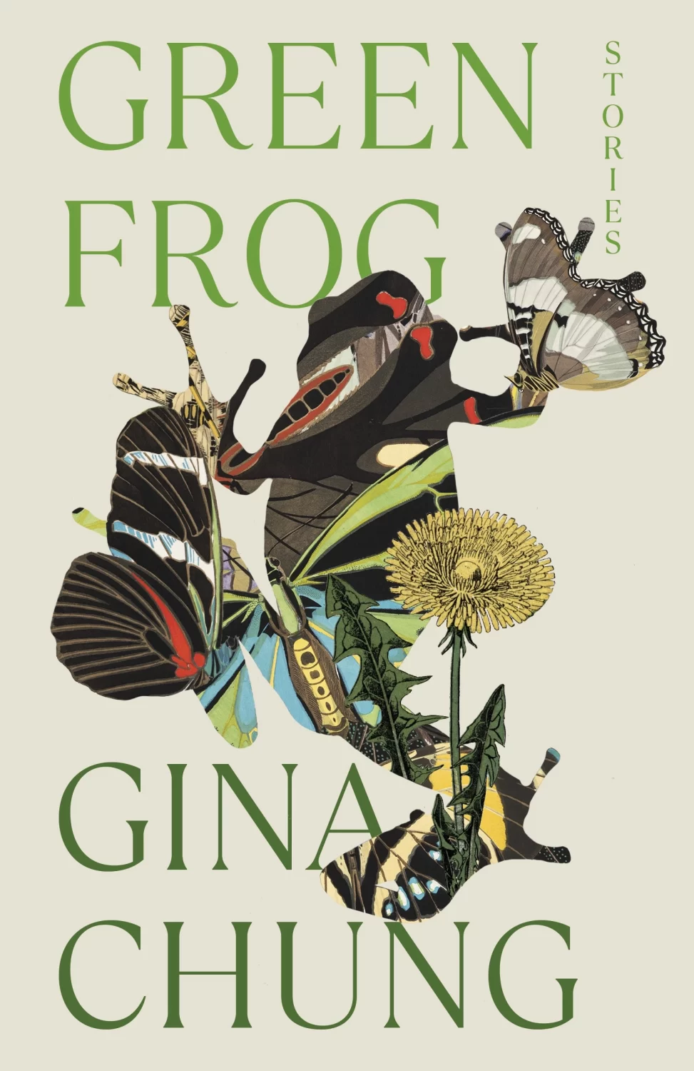 Green Frog, Stories by Gina Chung cover art, with the silhouette of a frog and butterflies and font in green text.